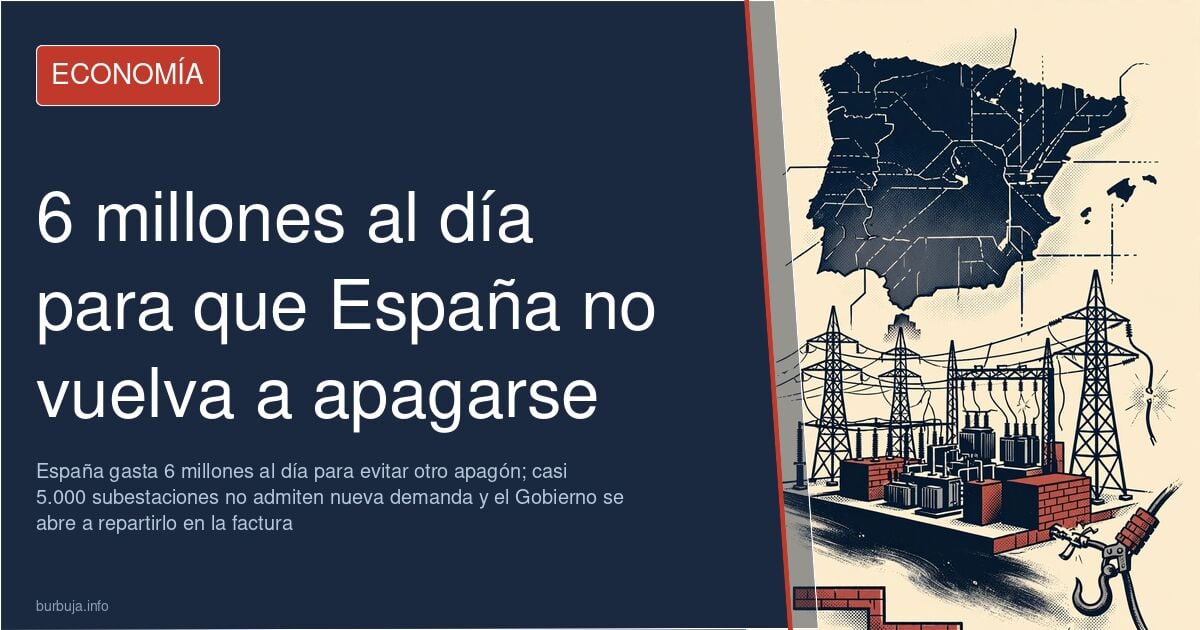 Torres de alta tensión y líneas de transporte de la red eléctrica española al atardecer junto a una subestación