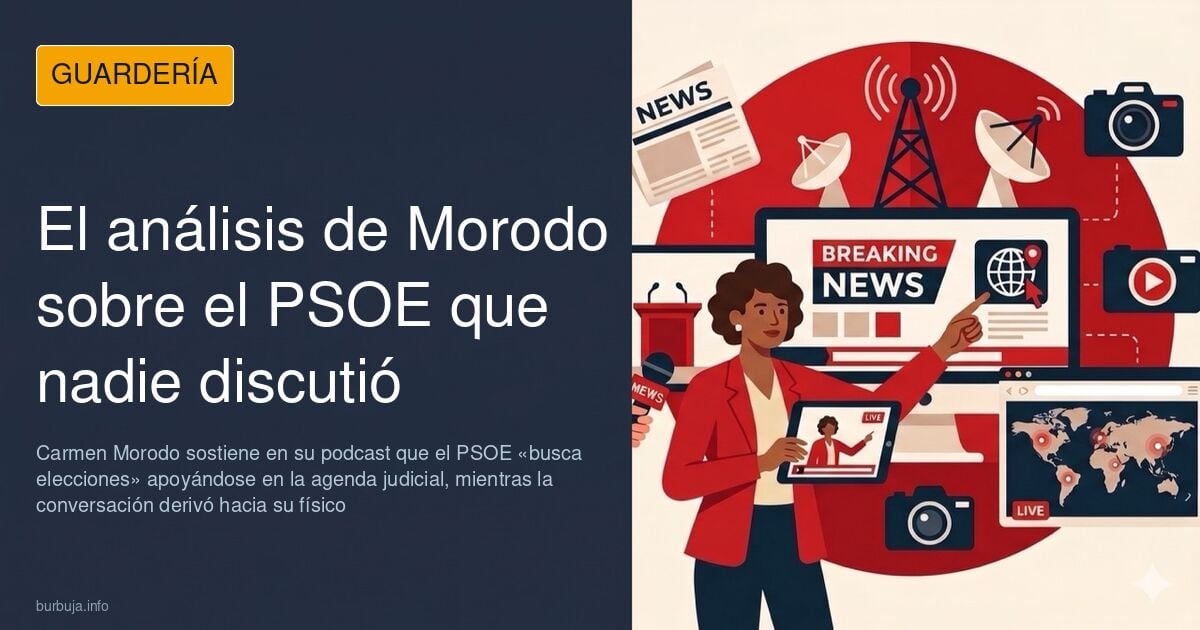 Ilustración de una periodista analizando la estrategia del PSOE en un estudio de podcast frente a un micrófono