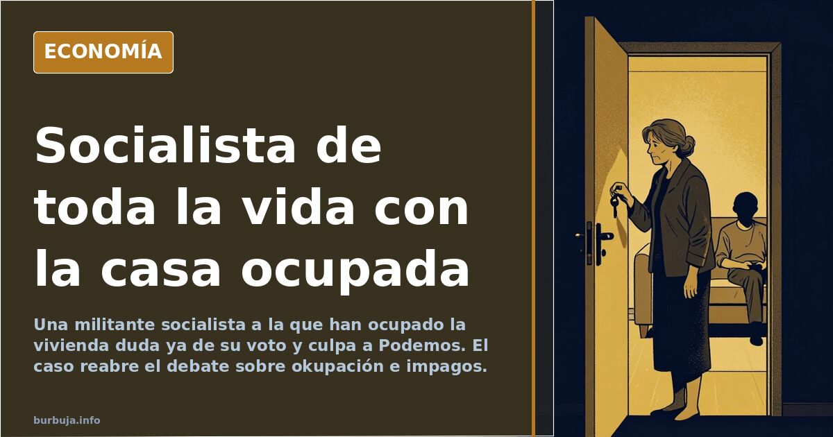 Escena editorial en azul marino y dorado con la puerta de una vivienda ocupada y una papeleta electoral en el suelo