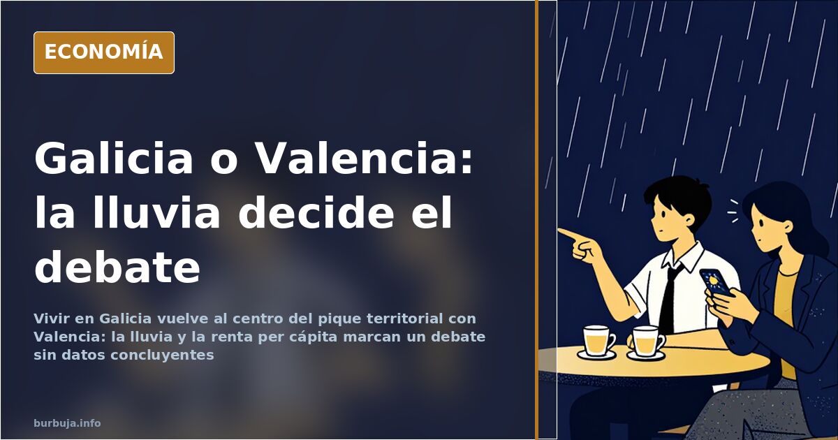 Ilustración editorial de un mapa de España dividido entre la lluvia atlántica de Galicia y el sol de la costa de Valencia