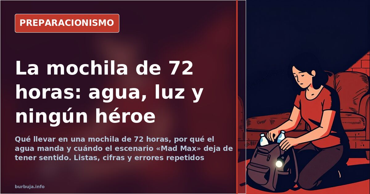 Mochila de 72 horas abierta con linterna frontal, botellas de agua, latas de comida y una manta sobre el suelo