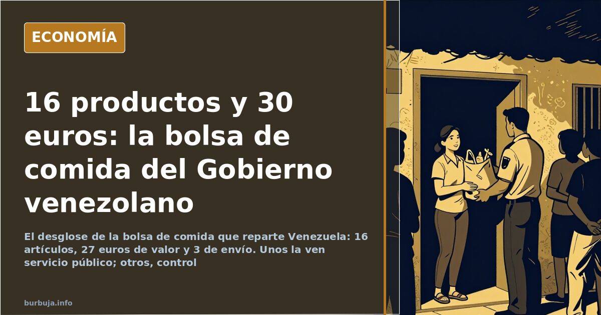 Caja de cartón con latas, arroz, aceite y leche sobre una mesa, imagen de la bolsa de comida que reparte Venezuela