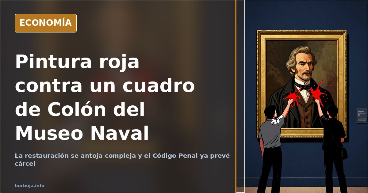 Sala del Museo Naval de Madrid con un cuadro de Colón de gran formato manchado con pintura roja durante su restauración