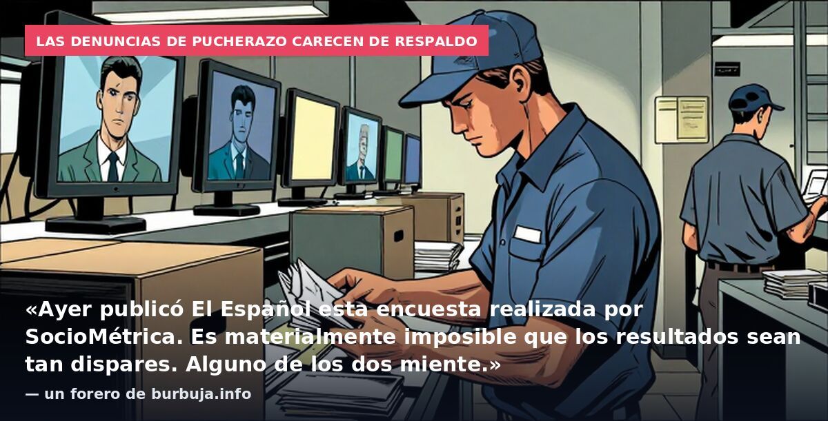 Las denuncias de pucherazo carecen de respaldo: «Ayer publicó El Español esta encuesta realizada por SocioMétrica. Es materialmente imposible que los resultados sean tan dispares. Alguno de los dos miente.» — un forero de burbuja.info