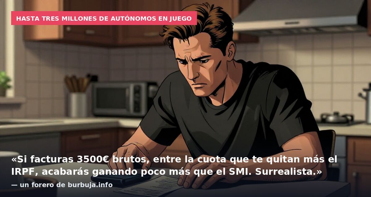 Hasta tres millones de autónomos en juego: «Si facturas 3500€ brutos, entre la cuota que te quitan más el IRPF, acabarás ganando poco más que el SMI. Surrealista.» — un forero de burbuja.info