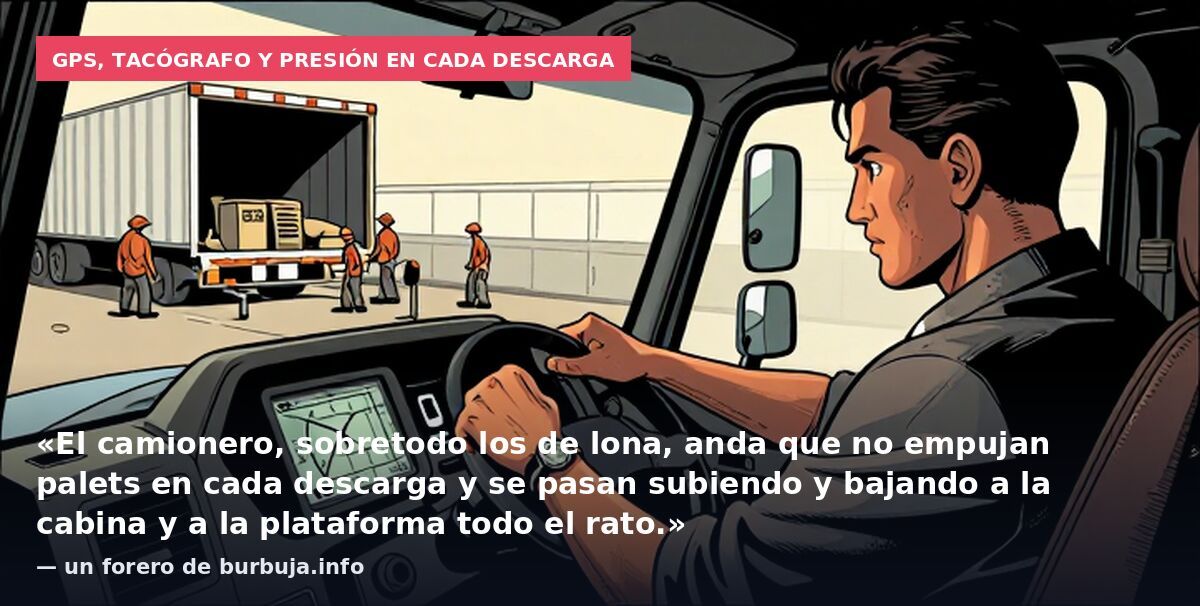 GPS, tacógrafo y presión en cada descarga: «El camionero, sobretodo los de lona, anda que no empujan palets en cada descarga y se pasan subiendo y bajando a la cabina y a la plataforma todo el rato.» — un forero de burbuja.info