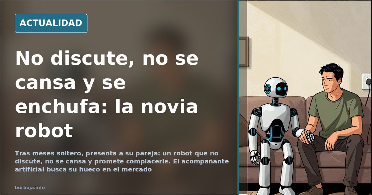 Figura humanoide realista de un acompañante robótico doméstico junto a una batería extraíble sobre una mesa