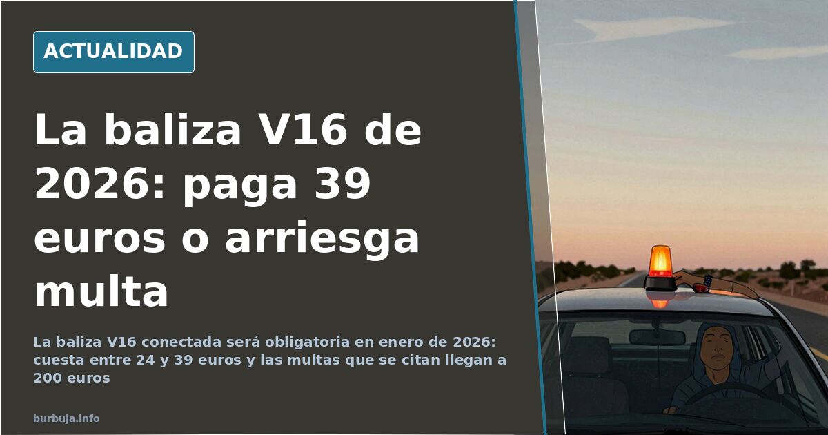 Baliza V16 amarilla sobre el arcén de una carretera, junto a un coche averiado con las luces de emergencia encendidas