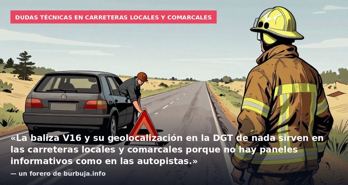 Dudas técnicas en carreteras locales y comarcales: «La baliza V16 y su geolocalización en la DGT de nada sirven en las carreteras locales y comarcales porque no hay paneles informativos como en las autopistas.» — un forero de burbuja.info