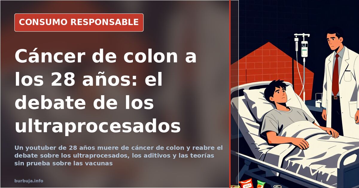 Plato de comida rápida junto a un móvil grabando, imagen del debate sobre cáncer de colon y ultraprocesados