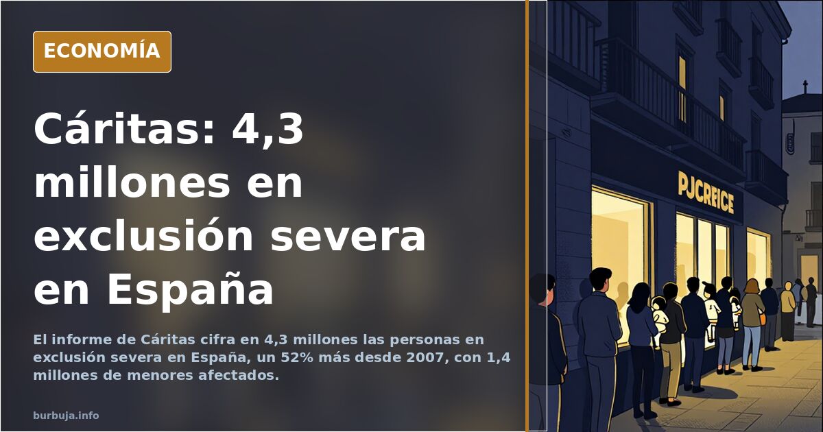 Ilustración editorial sobre la pobreza severa en España con figuras humanas y gráficos de exclusión social descendentes