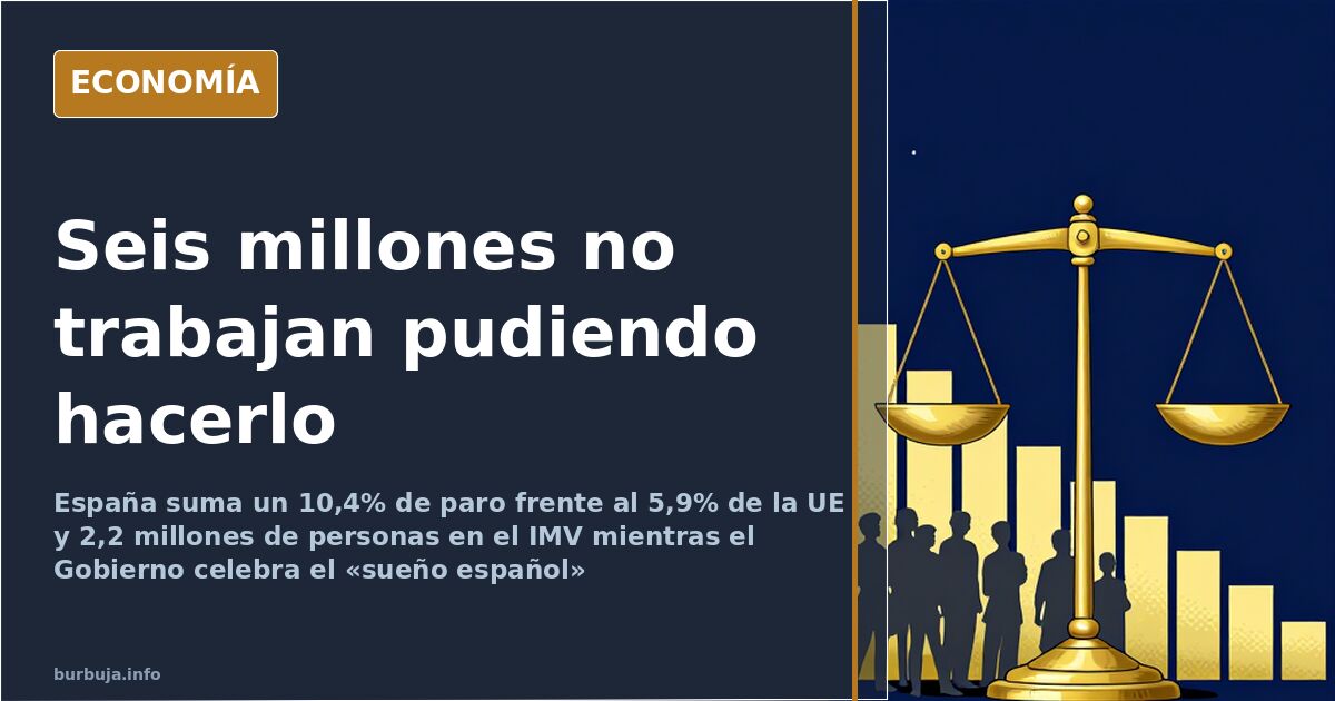 Gráfico de barras con la tasa de paro española frente a la media europea sobre un fondo de oficina de empleo