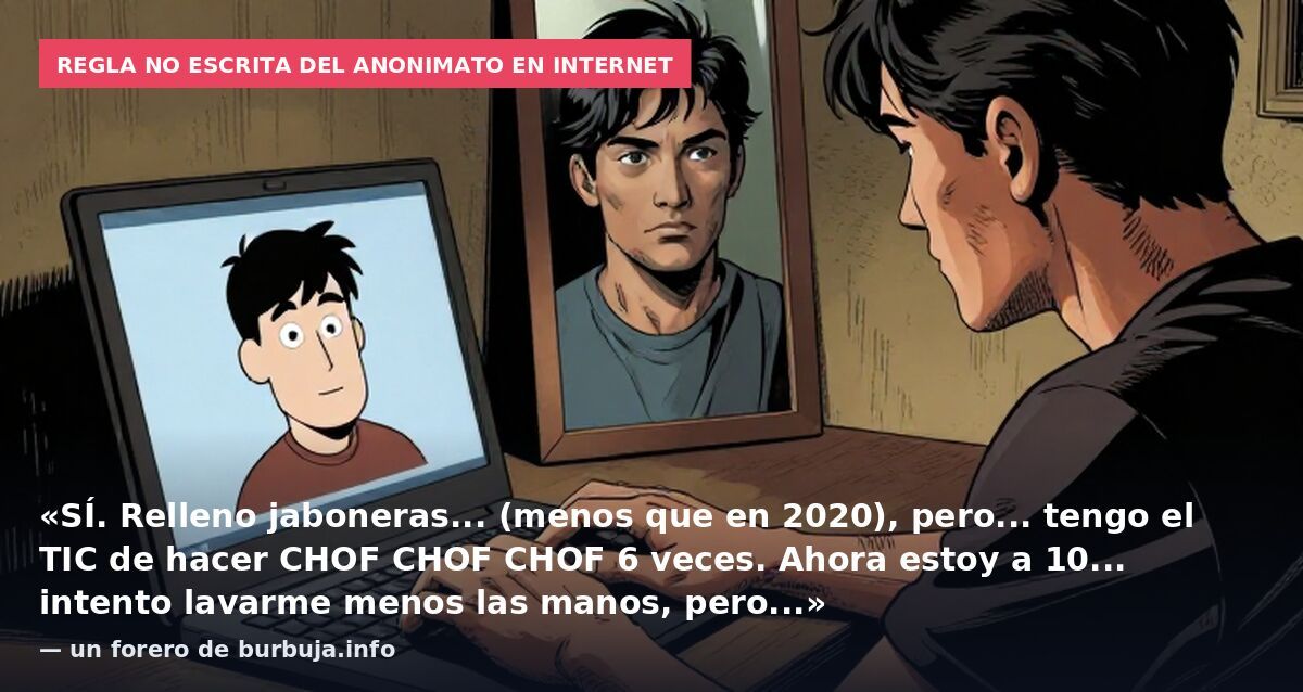 Regla no escrita del anonimato en internet: «SÍ. Relleno jaboneras... (menos que en 2020), pero... tengo el TIC de hacer CHOF CHOF CHOF 6 veces. Ahora estoy a 10... intento lavarme menos las manos, pero...» — un forero de burbuja.info