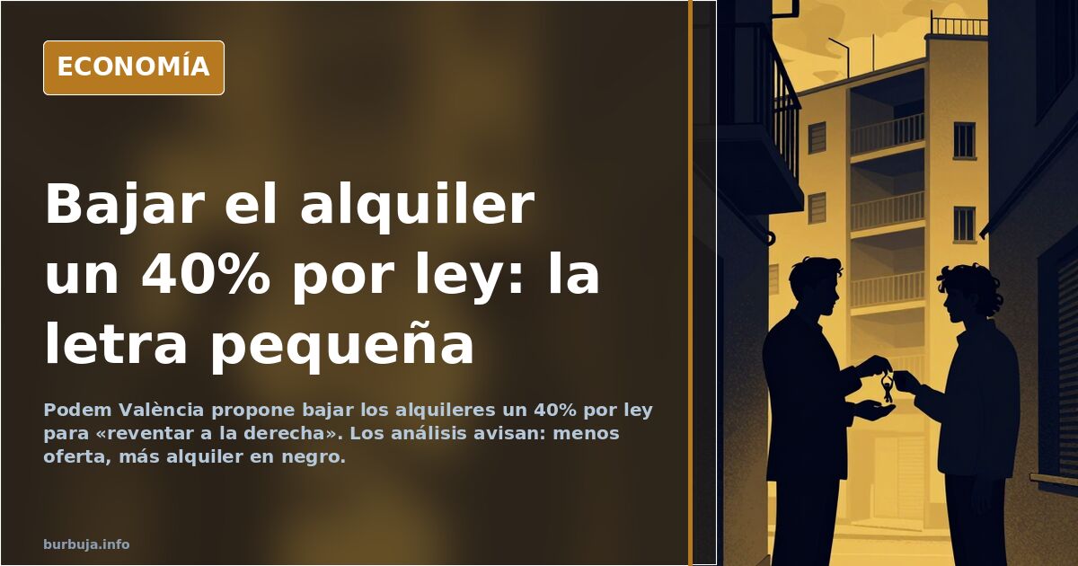 Ilustración editorial de un edificio de viviendas con cartel de alquiler y una etiqueta de precio rebajada por un decreto