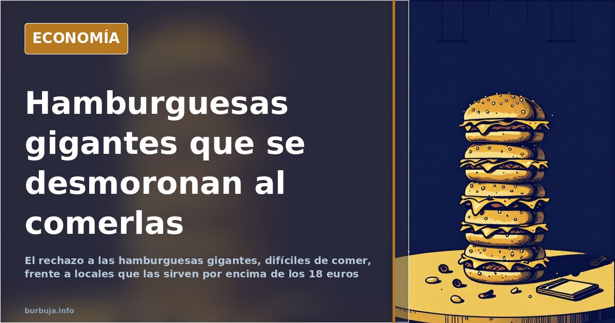 Hamburguesa gigante de varios pisos desmoronándose sobre una mesa junto a un teléfono móvil que la fotografía