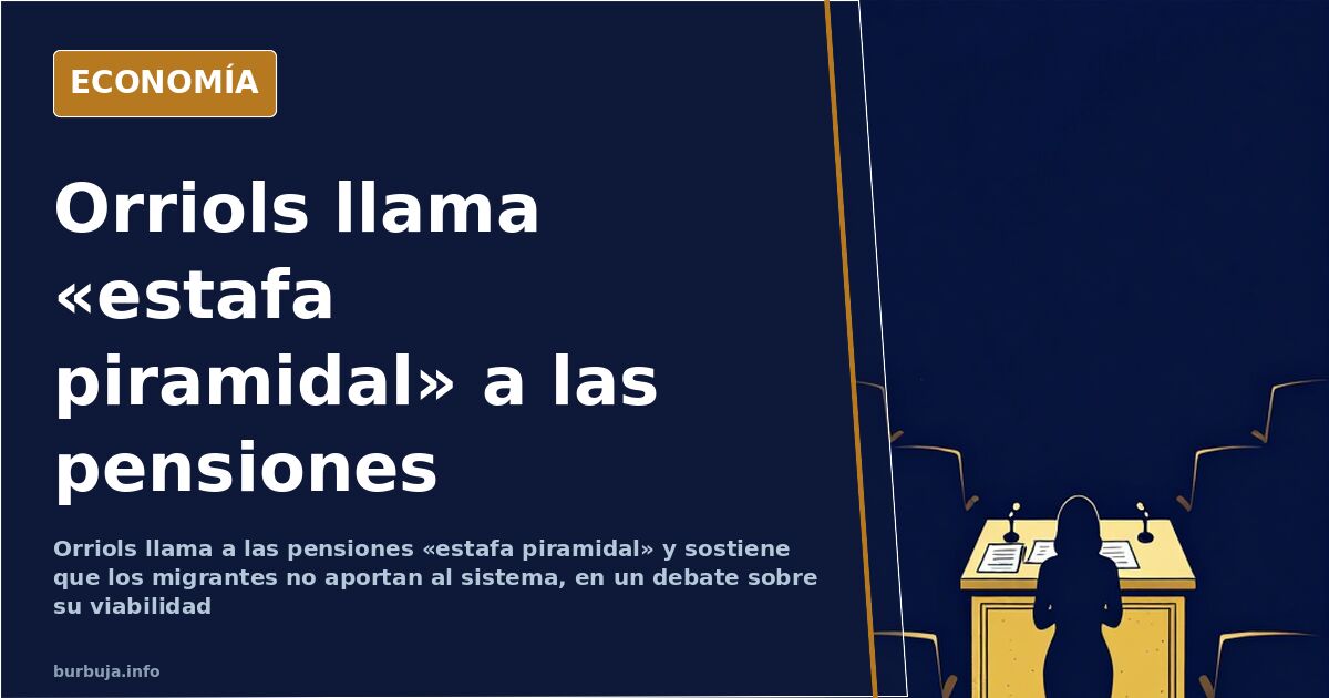 Ilustración editorial de una líder política en un atril hablando de pensiones ante escaños vacíos, en azul marino y dorado