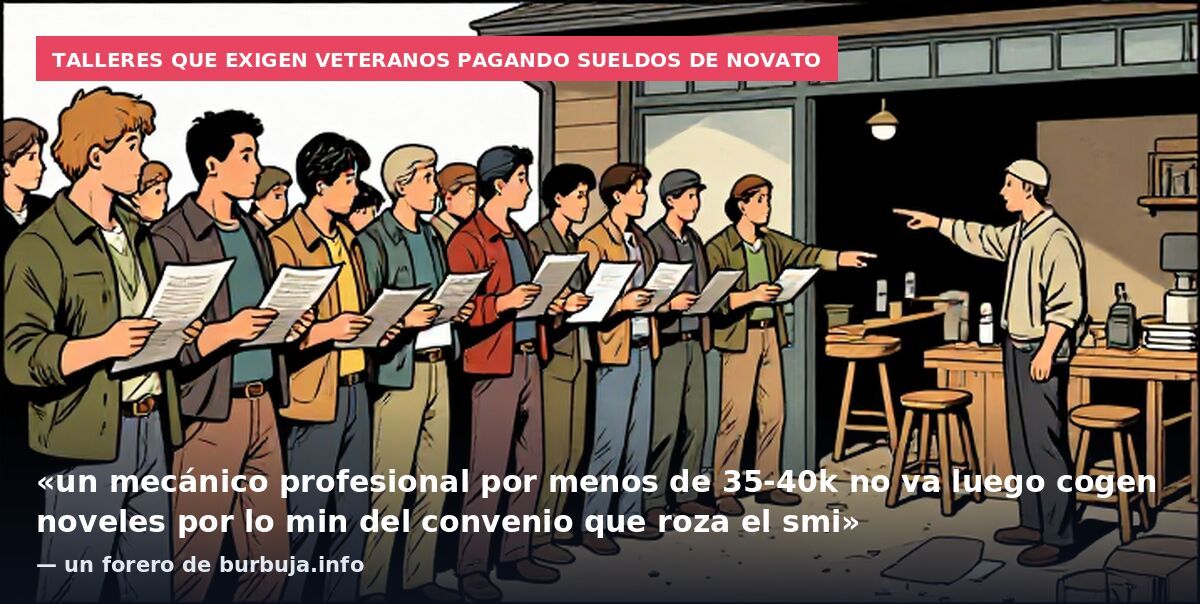 Talleres que exigen veteranos pagando sueldos de novato: «un mecánico profesional por menos de 35-40k no va luego cogen noveles por lo min del convenio que roza el smi» — un forero de burbuja.info