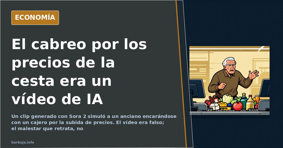 Ilustración de un anciano frente a la caja de un supermercado en el vídeo generado con inteligencia artificial sobre la subid