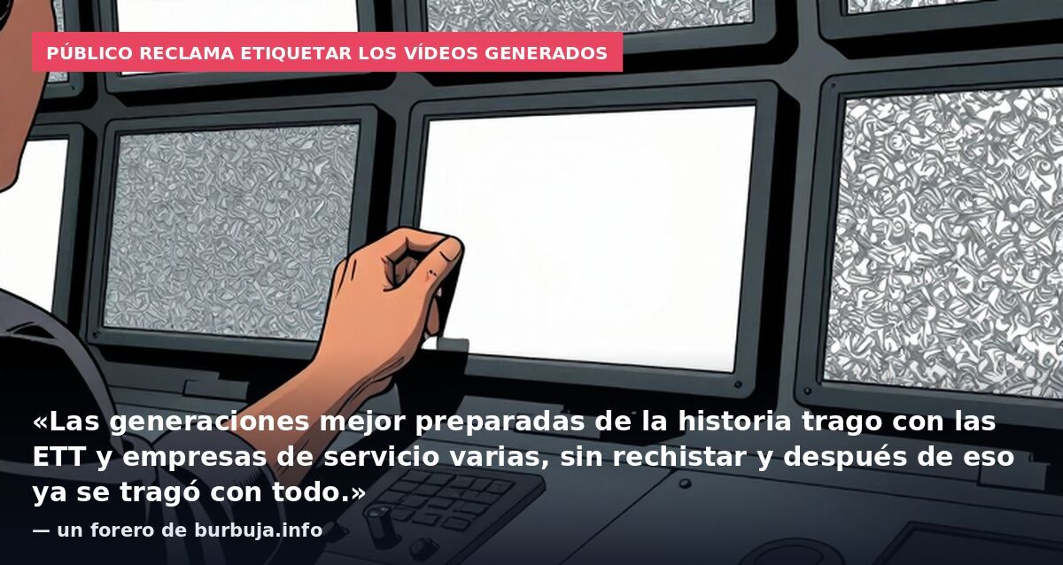 Público reclama etiquetar los vídeos generados: «Las generaciones mejor preparadas de la historia trago con las ETT y empresas de servicio varias, sin rechistar y después de eso ya se tragó con todo.» — un forero de burbuja.info