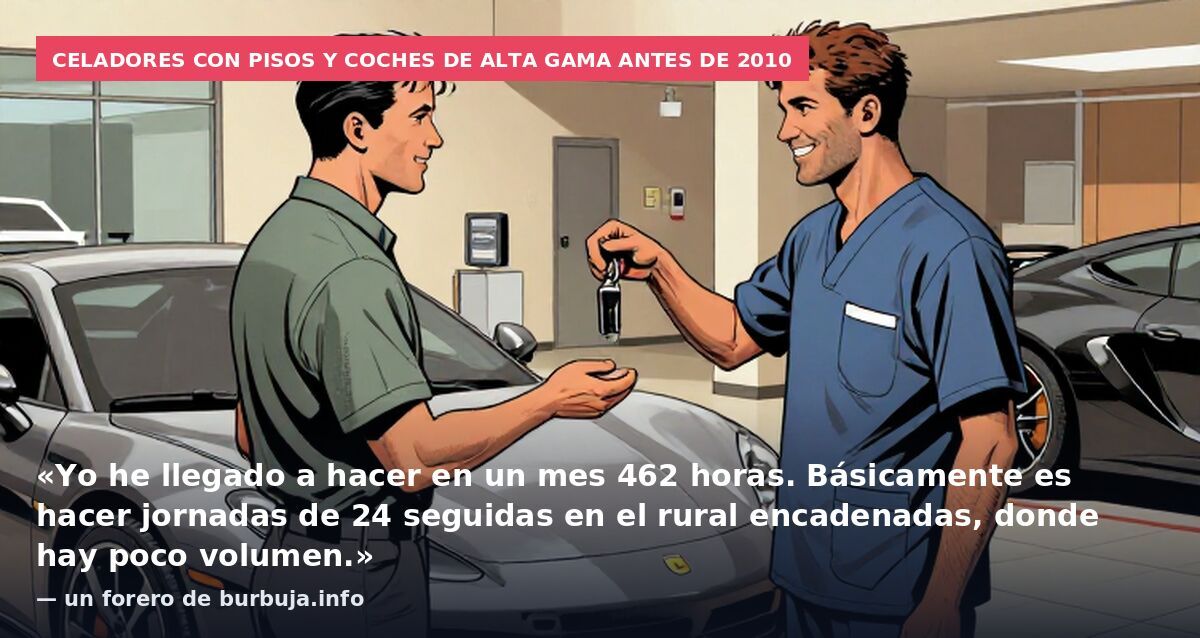 Celadores con pisos y coches de alta gama antes de 2010: «Yo he llegado a hacer en un mes 462 horas. Básicamente es hacer jornadas de 24 seguidas en el rural encadenadas, donde hay poco volumen.» — un forero de burbuja.info