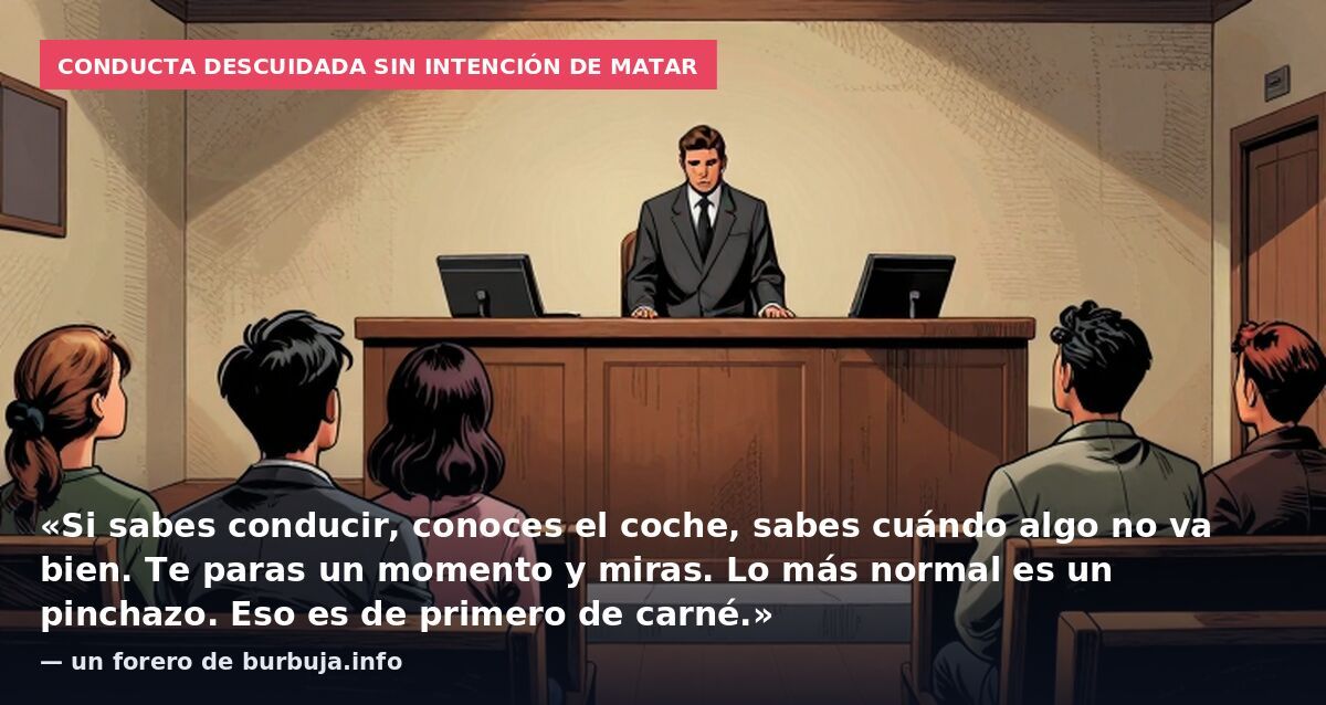 Conducta descuidada sin intención de matar: «Si sabes conducir, conoces el coche, sabes cuándo algo no va bien. Te paras un momento y miras. Lo más normal es un pinchazo. Eso es de primero de carné.» — un forero de burbuja.info