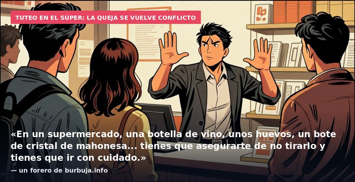 Tuteo en el súper: la queja se vuelve conflicto: «En un supermercado, una botella de vino, unos huevos, un bote de cristal de mahonesa... tienes que asegurarte de no tirarlo y tienes que ir con cuidado.» — un forero de burbuja.info