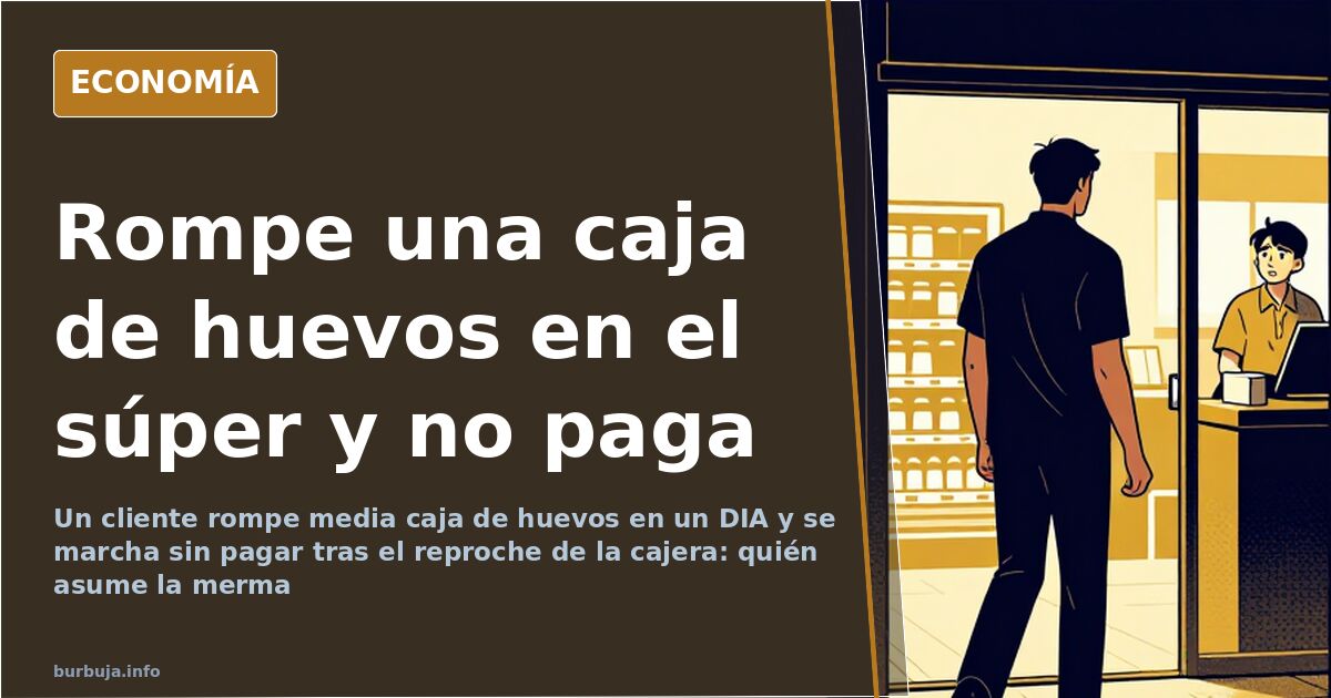 Caja de huevos talla L con la mitad de los huevos cascados, depositada bajo la estantería de un supermercado
