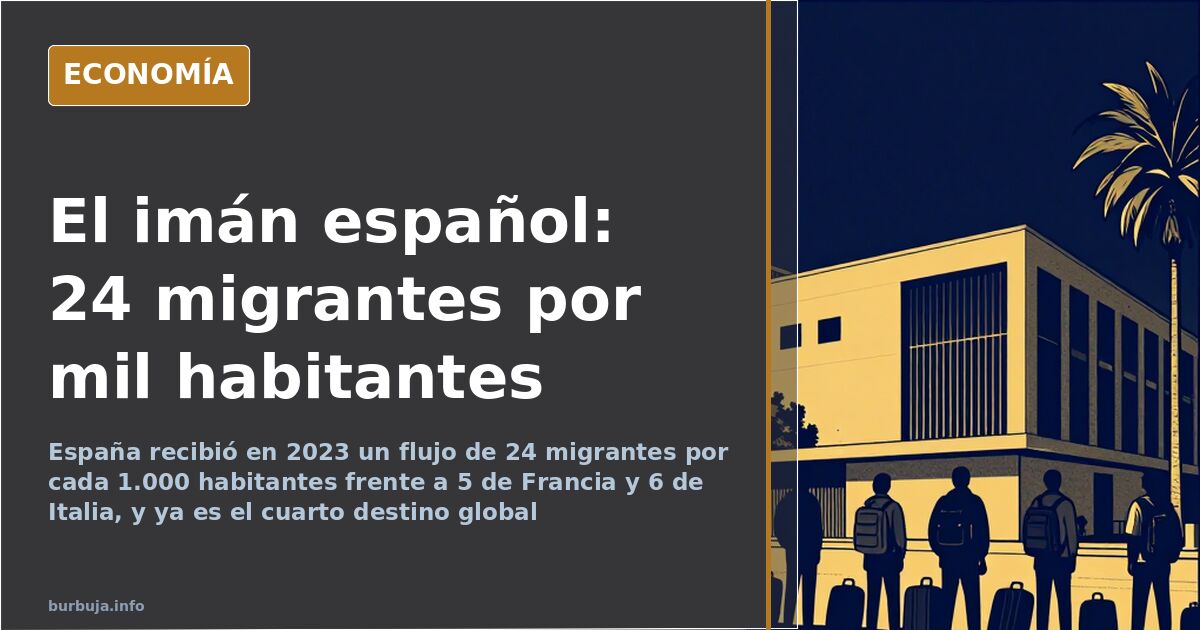 Mapa de flujos migratorios hacia España con cifras comparadas de llegadas por cada 1.000 habitantes frente a Francia e Italia