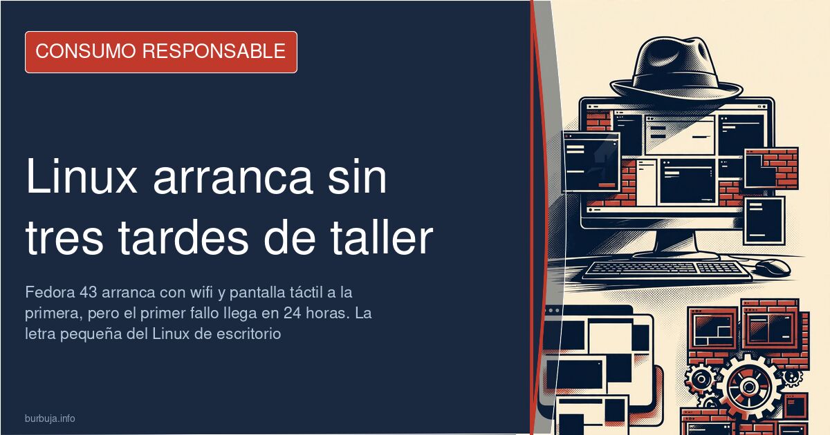 Portátil con Fedora Workstation 43 y escritorio GNOME recién instalado, mostrando el dock y los botones de maximizar
