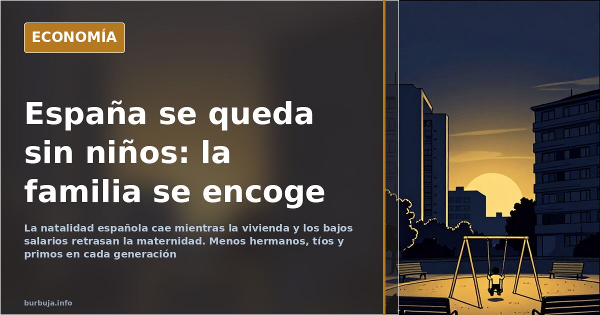 Mesa familiar con pocos comensales y sillas vacías, ilustración editorial sobre la caída de la natalidad en España