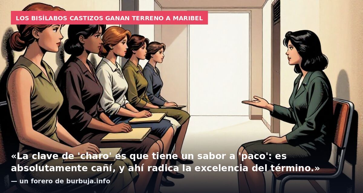 Los bisílabos castizos ganan terreno a Maribel: «La clave de 'charo' es que tiene un sabor a 'paco': es absolutamente cañí, y ahí radica la excelencia del término.» — un forero de burbuja.info