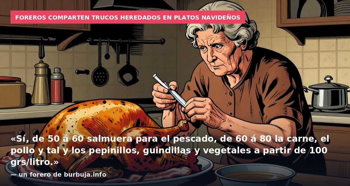 Foreros comparten trucos heredados en platos navideños: «Sí, de 50 á 60 salmuera para el pescado, de 60 á 80 la carne, el pollo y tal y los pepinillos, guindillas y vegetales a partir de 100 grs/litro.» — un forero de burbuja.info