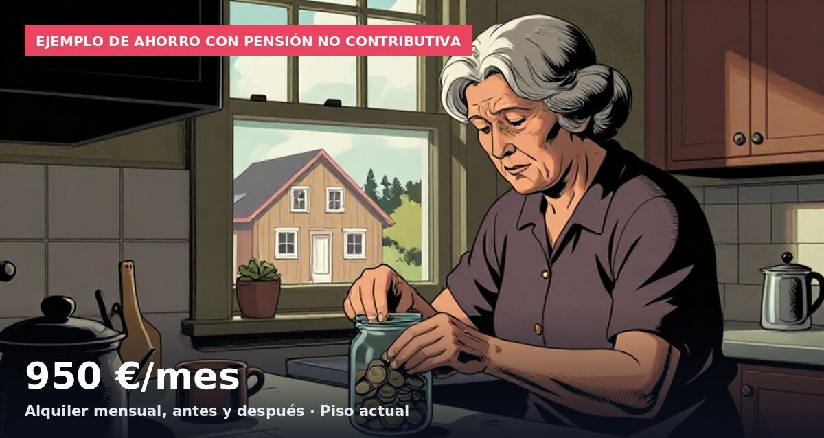 Ejemplo de ahorro con pensión no contributiva: 950 €/mes Alquiler mensual, antes y después · Piso actual