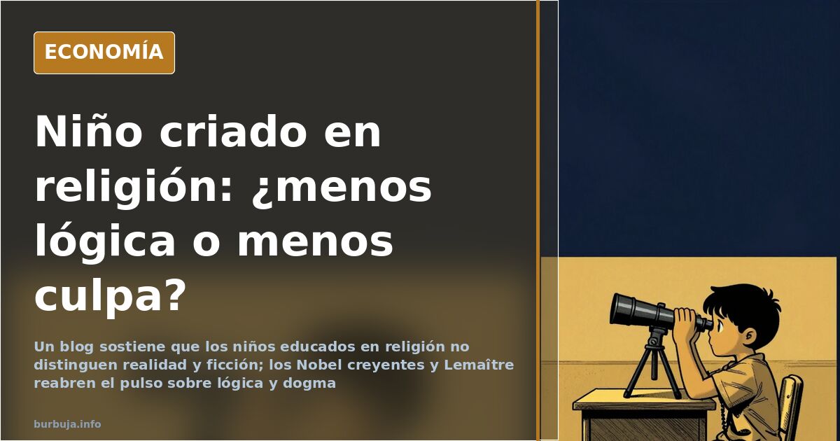 Ilustración editorial de un niño ante una pizarra que mezcla símbolos religiosos y fórmulas científicas