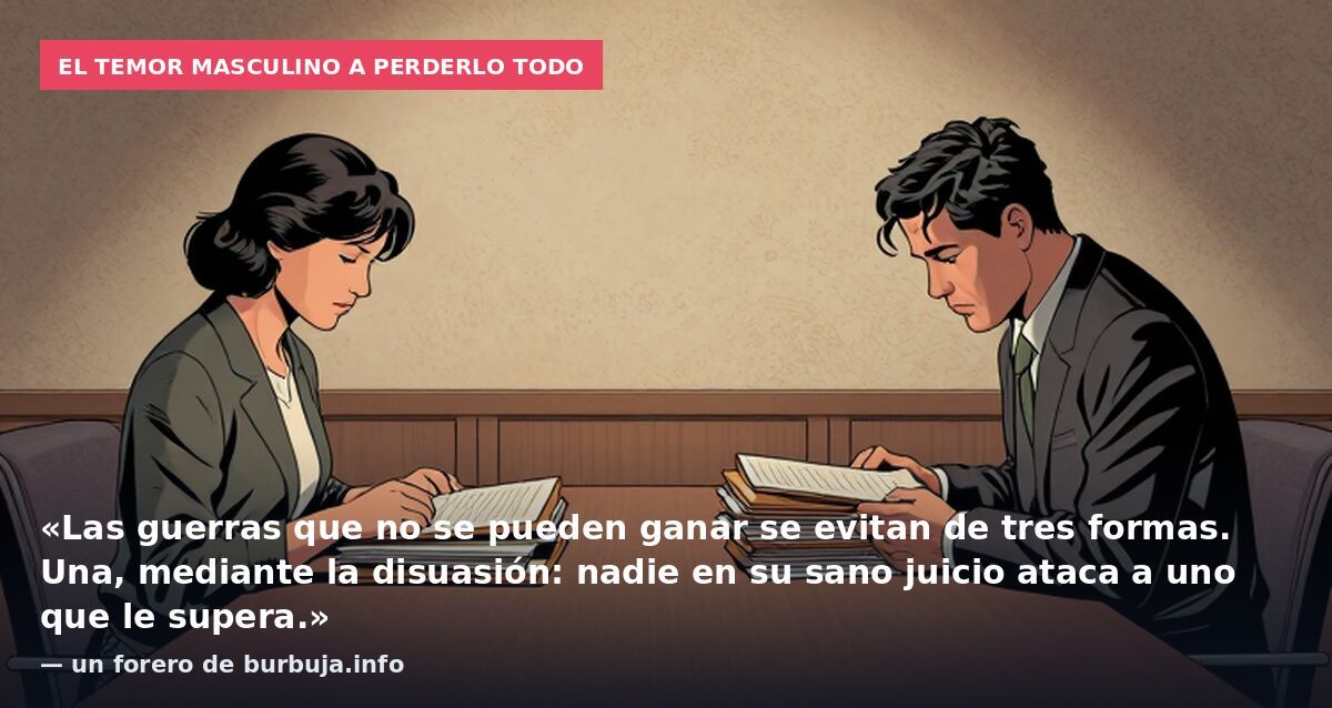 El temor masculino a perderlo todo: «Las guerras que no se pueden ganar se evitan de tres formas. Una, mediante la disuasión: nadie en su sano juicio ataca a uno que le supera.» — un forero de burbuja.info