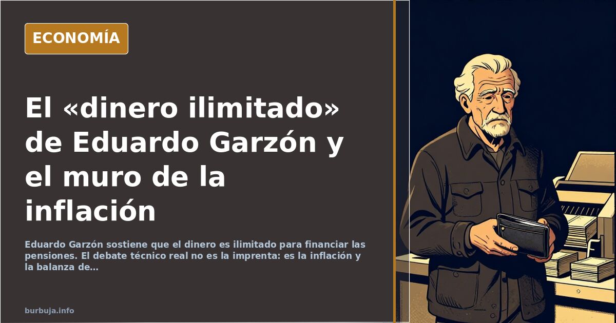 Ilustración editorial de una imprenta monetaria y el billete frente al muro de la inflación de las pensiones públicas en Espa