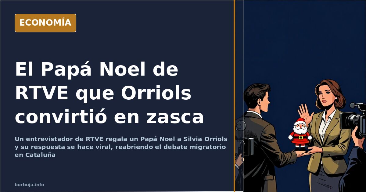 Silvia Orriols sostiene un Papá Noel de plástico durante una entrevista navideña de RTVE