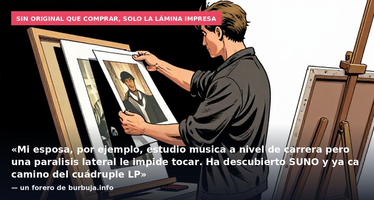 Sin original que comprar, solo la lámina impresa: «Mi esposa, por ejemplo, estudio musica a nivel de carrera pero una paralisis lateral le impide tocar. Ha descubierto SUNO y ya ca camino del cuádruple LP» — un forero de burbuja.info