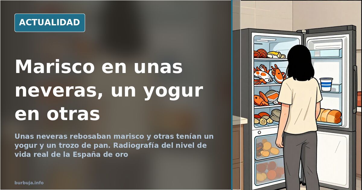 Nevera doméstica de la España de oro con estantes casi vacíos y un yogur, ilustración editorial
