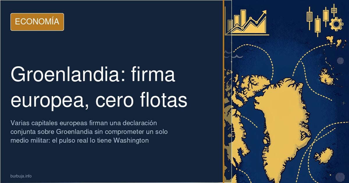 Ilustración editorial de Groenlandia con gráficos dorados y trazos de rutas marítimas sobre fondo azul marino