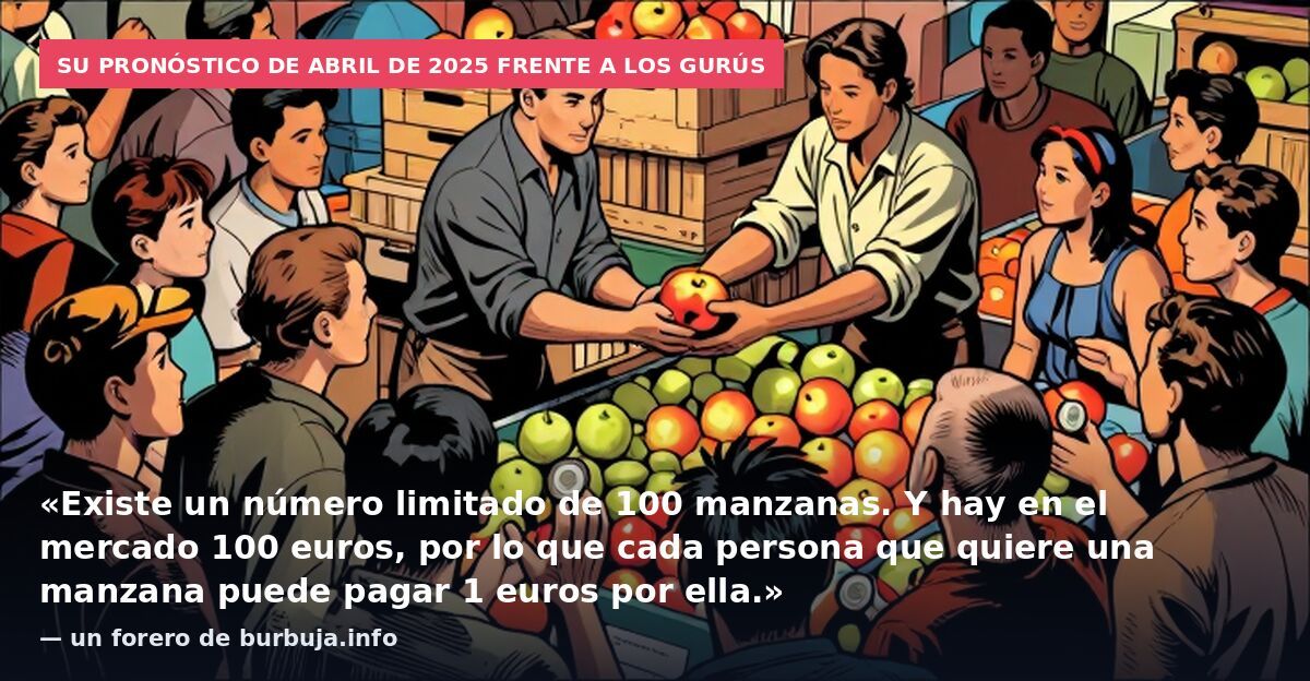 Su pronóstico de abril de 2025 frente a los gurús: «Existe un número limitado de 100 manzanas. Y hay en el mercado 100 euros, por lo que cada persona que quiere una manzana puede pagar 1 euros por ella.» — un forero de burbuja.info