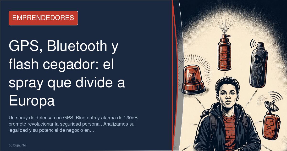 Spray de defensa personal con tecnología Bluetooth, GPS y alarma de 130 decibelios sobre fondo oscuro