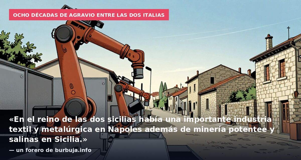 Ocho décadas de agravio entre las dos Italias: «En el reino de las dos sicilias había una importante industria textil y metalúrgica en Napoles además de minería potentee y salinas en Sicilia.» — un forero de burbuja.info