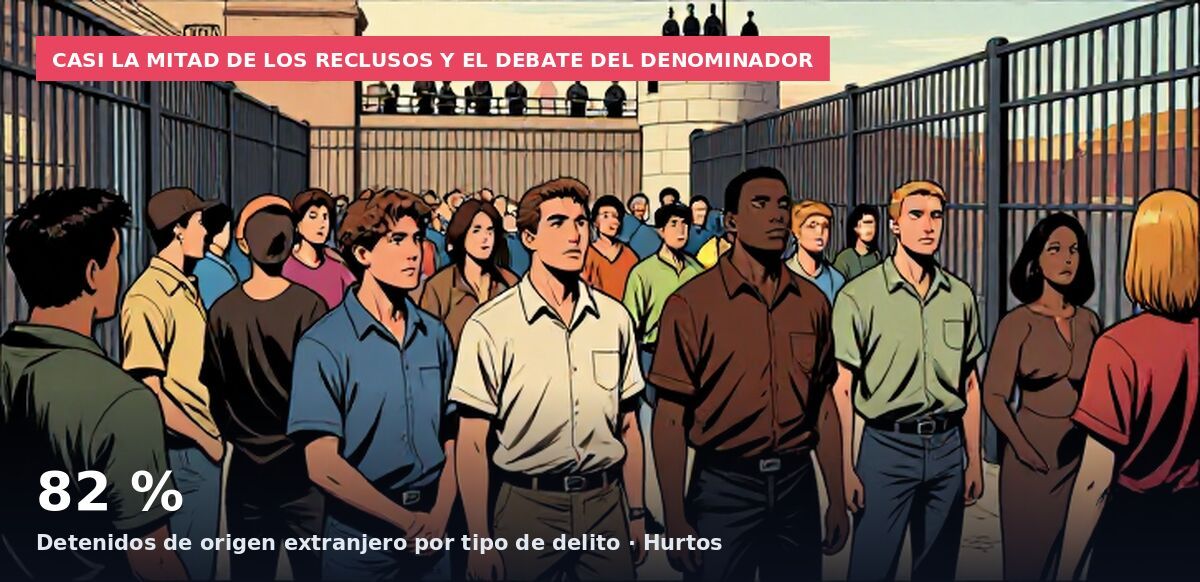 Casi la mitad de los reclusos y el debate del denominador: 82 % Detenidos de origen extranjero por tipo de delito · Hurtos