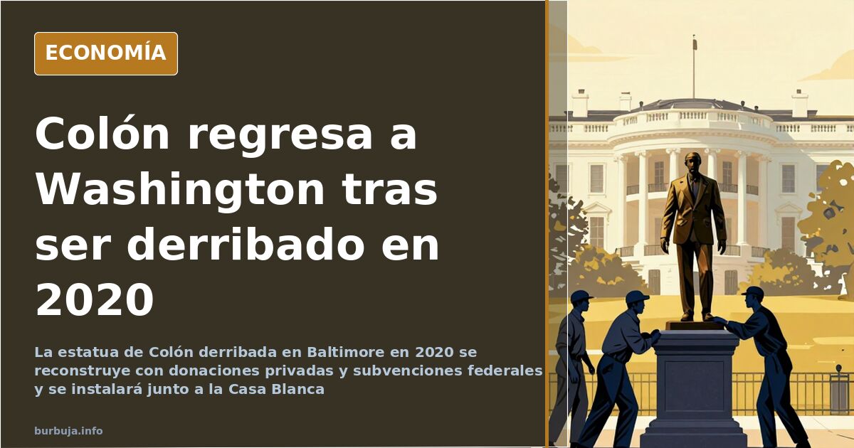 Estatua de Cristóbal Colón sobre un pedestal ante la fachada de la Casa Blanca, ilustración editorial en azul marino y dorado