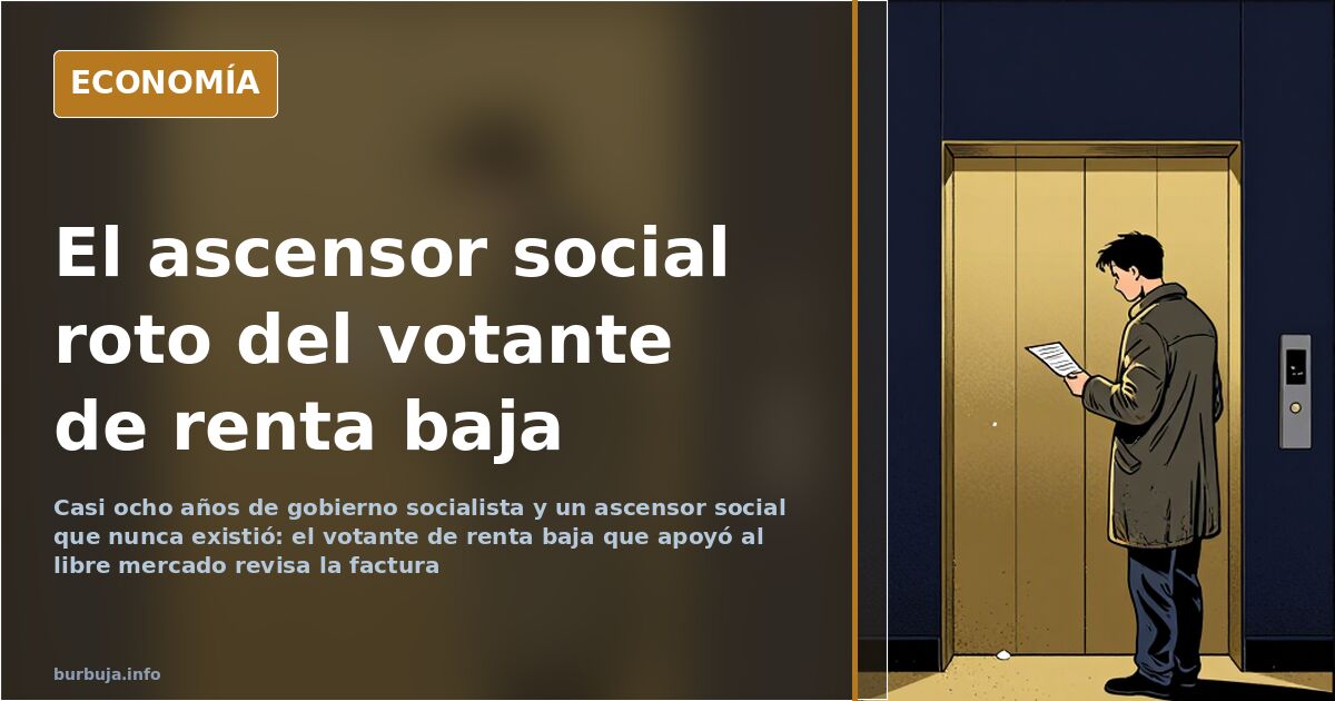 Ilustración editorial en azul y dorado de una figura obrera ante un ascensor social roto y promesas inalcanzables