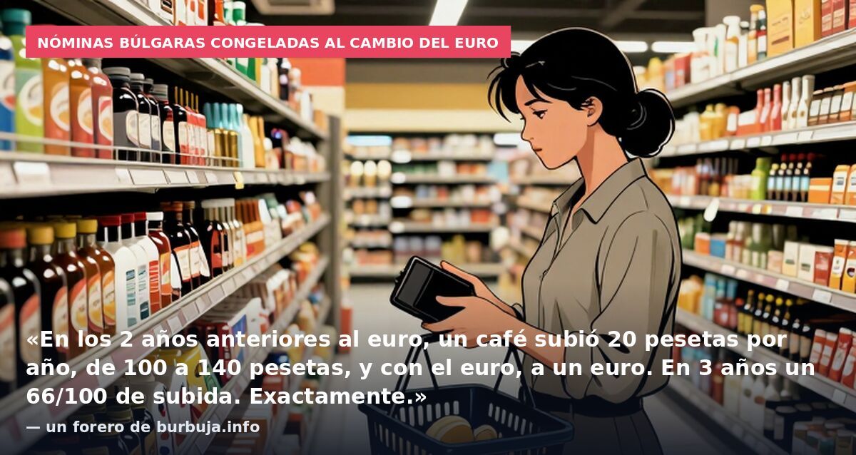 Nóminas búlgaras congeladas al cambio del euro: «En los 2 años anteriores al euro, un café subió 20 pesetas por año, de 100 a 140 pesetas, y con el euro, a un euro. En 3 años un 66/100 de subida. Exactamente.» — un forero de burbuja.info