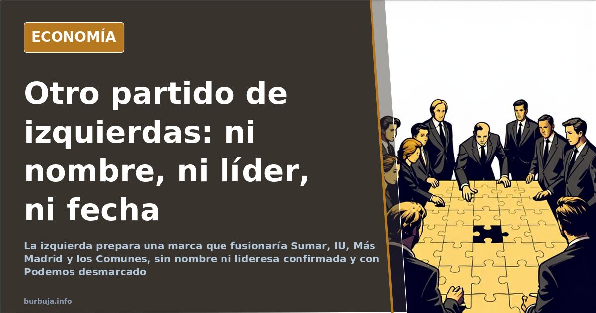 Ilustración editorial de siluetas políticas ante una urna y un cartel electoral en blanco, símbolo del nuevo partido de izqui