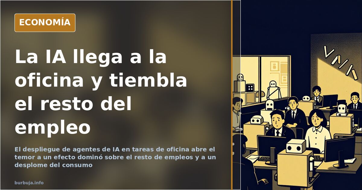 Ilustración editorial de oficinas vacías con pantallas encendidas y robots humanoides ocupando puestos administrativos