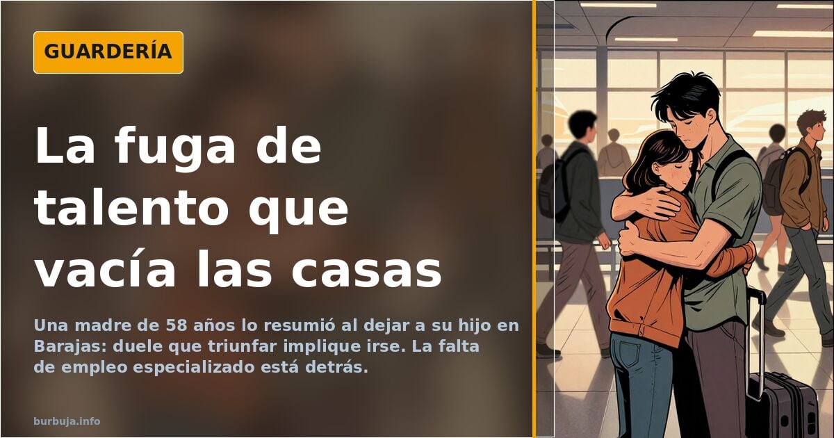 Ilustración de una madre despidiendo a su hijo con maleta en el aeropuerto, reflejo de la fuga de talento